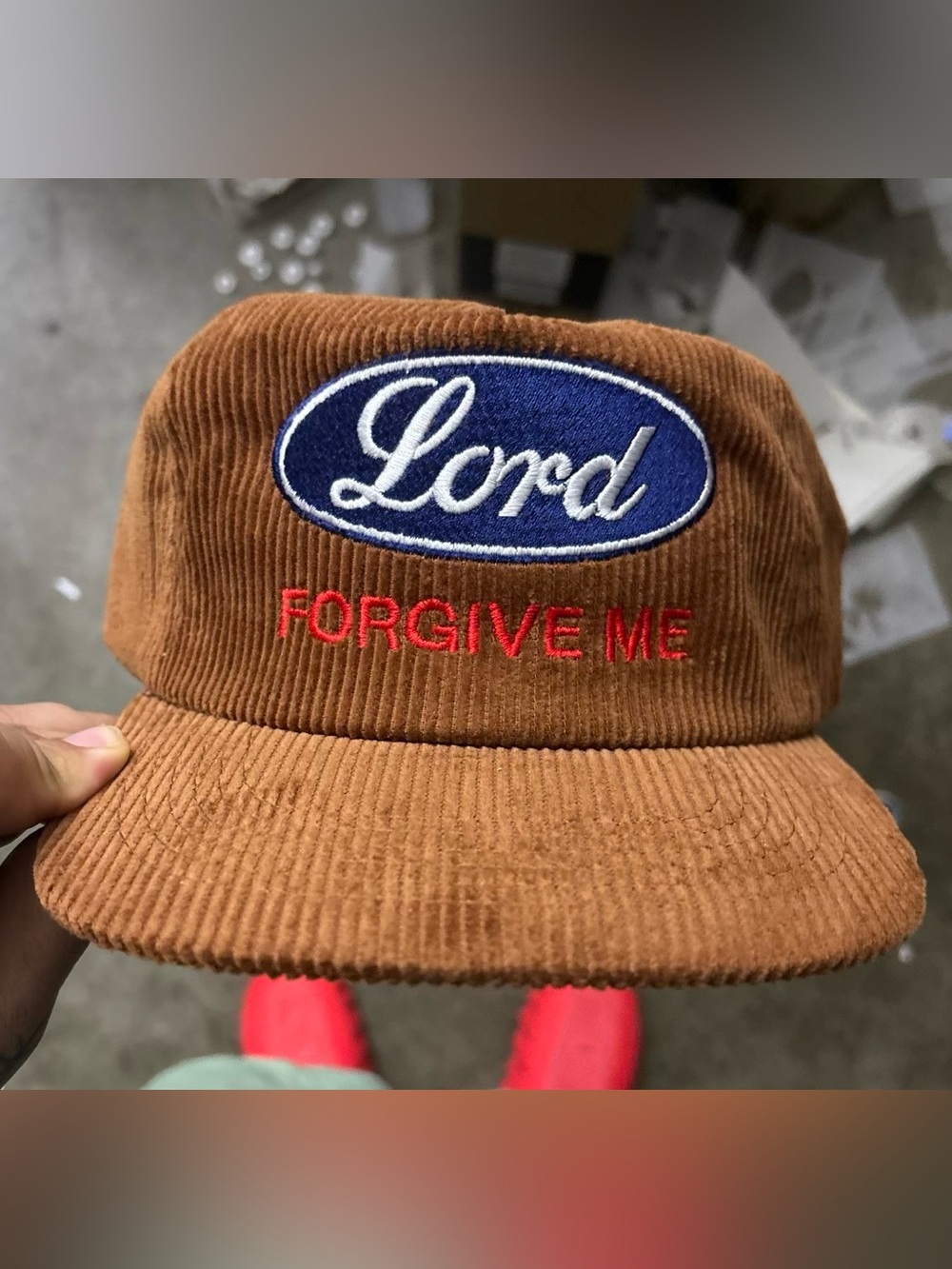 Lord Brown Corduroy Cap with Blue & White 'Lord' Patch and Red Embroidery